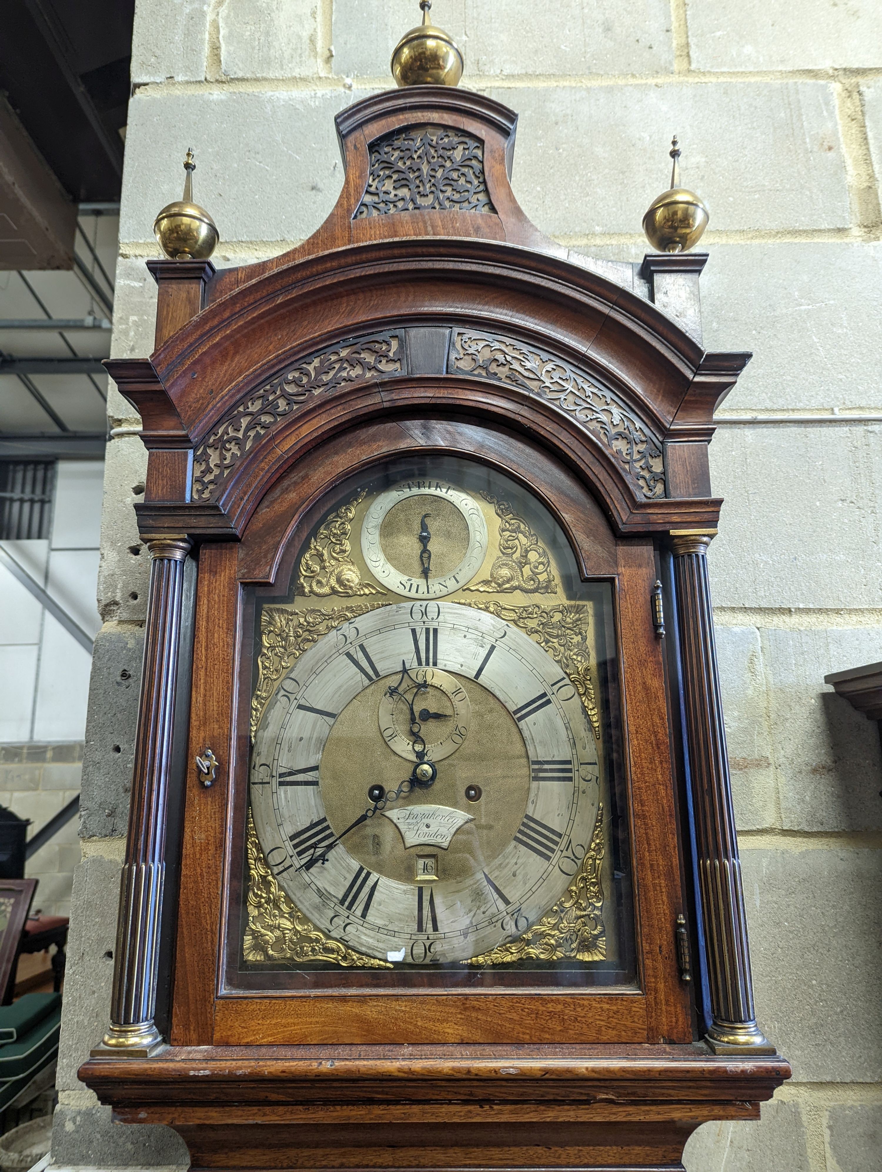 Fazakerley of London. A George III mahogany eight day longcase clock, with strike / silent, subsidiary seconds and date aperture, height 264cm